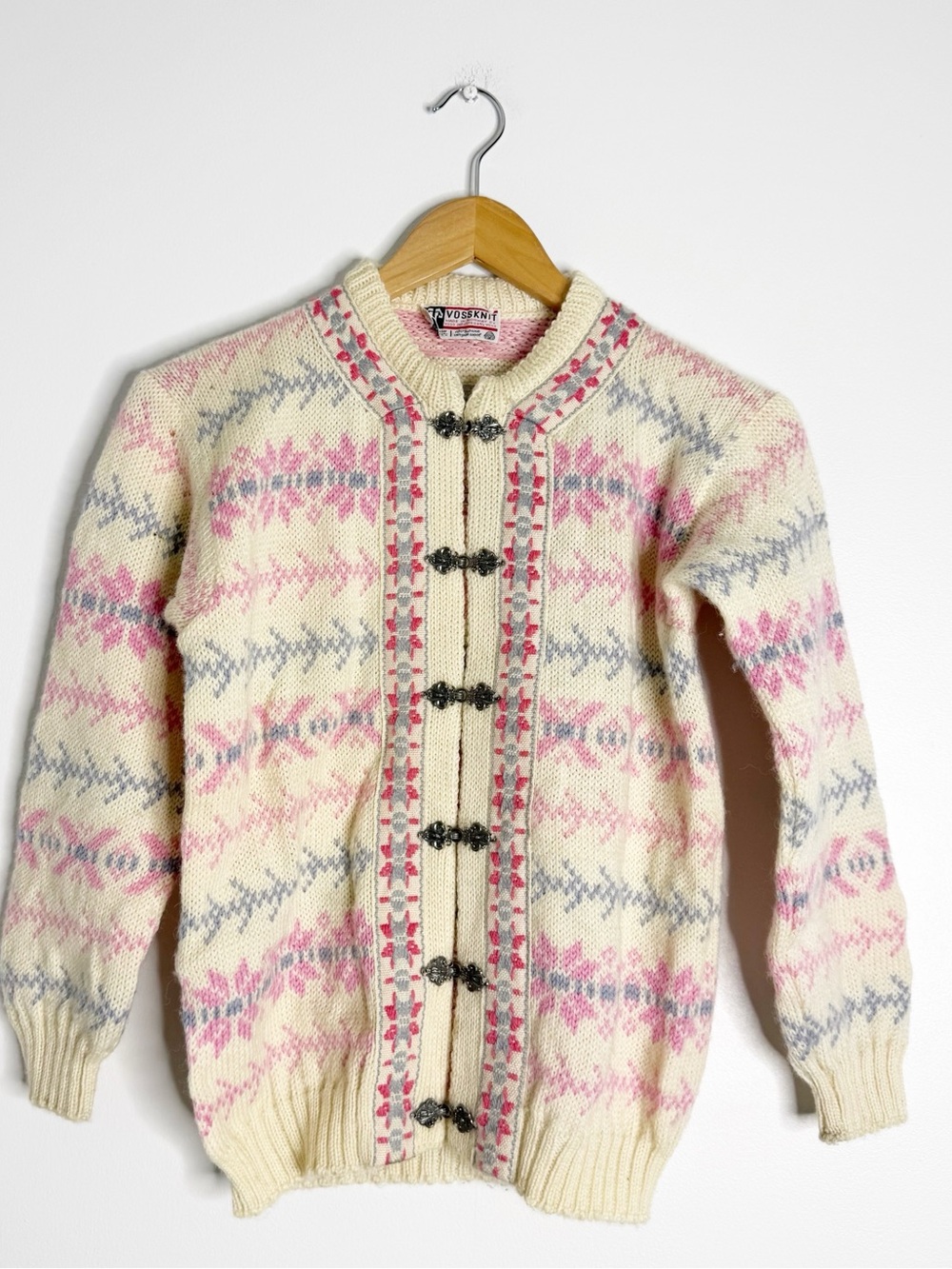 Vintage Vossknit Norway Wool Cardigan Sweater Pink Gray Nordic Fair Isle Small